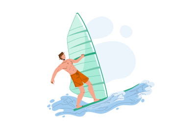 Windsurfing Man Surfer Athlete On Wavy Sea Vector