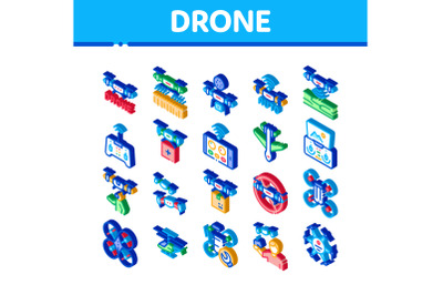 Drone Fly Quadrocopter Isometric Icons Set Vector