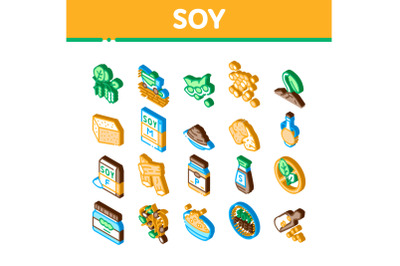 Soy Bean Food Product Isometric Icons Set Vector