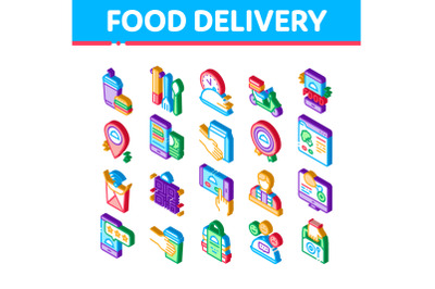 Food Delivery Service Isometric Icons Set Vector