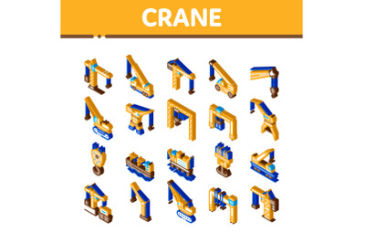 Crane Building Machine Isometric Icons Set Vector