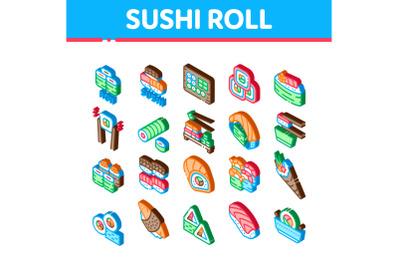 Sushi Roll Asian Dish Isometric Icons Set Vector