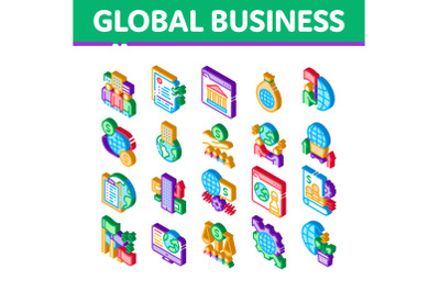 Global Business Finance Strategy Icons Set Vector