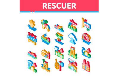 Rescuer Equipment Isometric Icons Set Vector