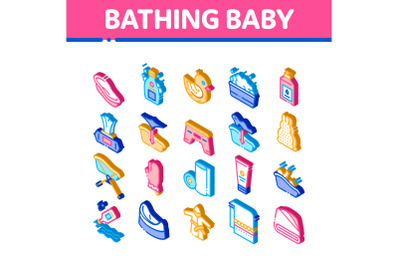 Bathing Baby Tool Collection Icons Set Vector