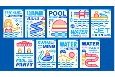 Water Park Creative Promotional Posters Set Vector