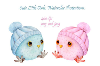 Cute Little Balls Owls. Watercolor.