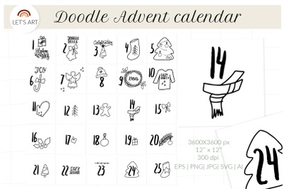 Doodle Advent calendar svg. Christmas doodle symbols