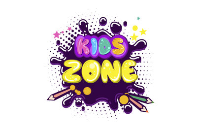 Kids zone inscription in cartoon style. Cartoon colorful card