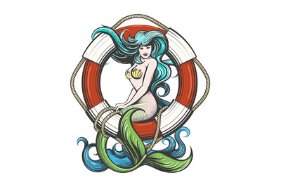 Mermaid sitting on lifebuoy colorful tattoo isolated on white. Vector