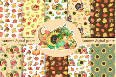 Autumn digital paper. Fall leaves, vegetables fruits autumn harvest
