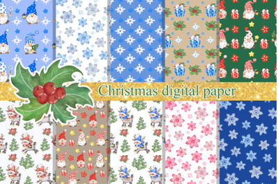 Christmas digital paper gnomes and reindeer. Seamless printable paper