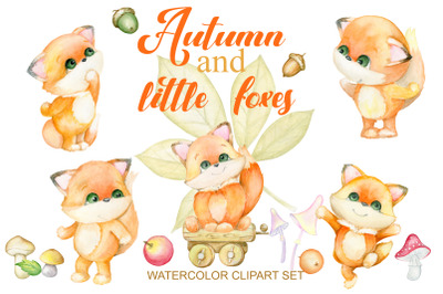 watercolor, clipart, Cute Fox, forest animals, autumn leaves, fruits d
