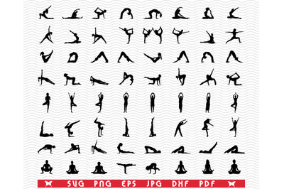 SVG Yoga and Fitness, Black silhouettes, Digital clipart