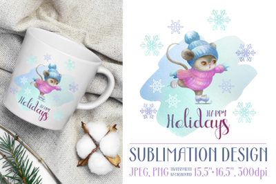 Happy holidays. Sublimation watercolor design with mouse