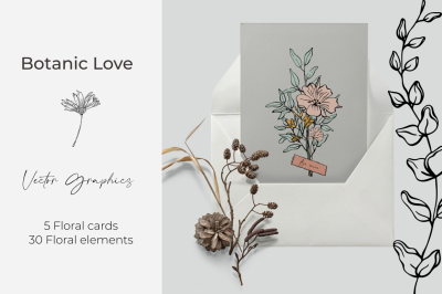 Vector floral greeting cards with love. Floral elemets