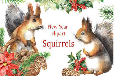 Christmas clipart with squirrels. New Year, cute forest animals