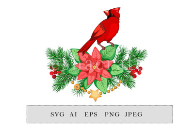 Christmas arrangement with cardinal bird, fir branches, poinsettia