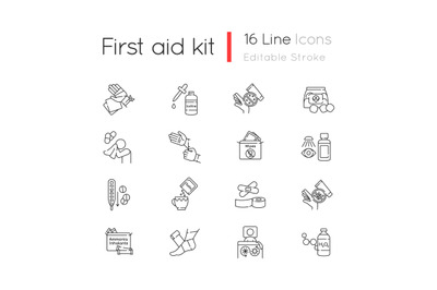 First aid kit linear icons set