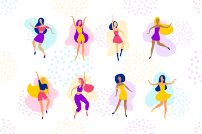 Happy dancing women illustration. Compositions and seamless pattern