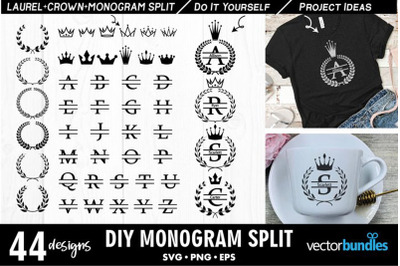 Monogram maker split with laurel and crown svg