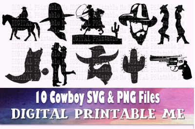 Cowboy svg, Wild West Silhouette bundle, PNG, clip art, 10 Digital fil
