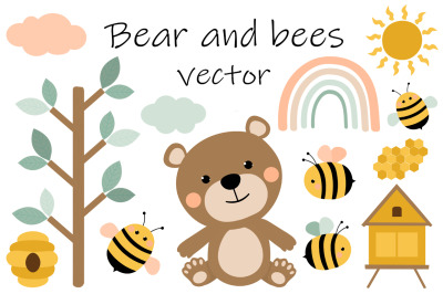 Bear and bees vector. Bear honey SVG. Bees honey SVG.