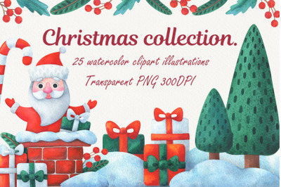 Merry Christmas. Collection of watercolor clip art with Santa Claus