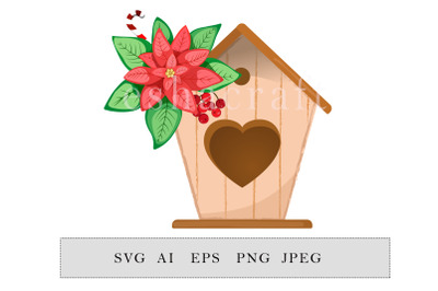 Christmas clipart, composition birdhouse with poinsettia flower