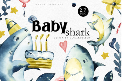 Baby shark birthday clipart, Watercolor nautical baby shower, stickers