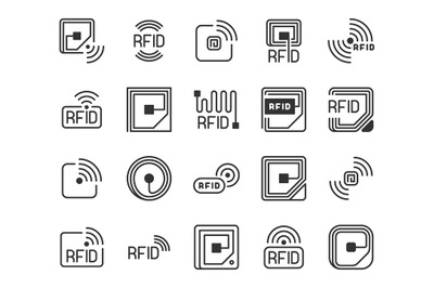 Rfid icons. Radio-frequency identification label, tag, chip and antenn