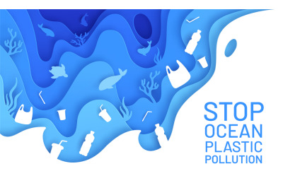 Ocean pollution paper art. Poster with plastic waste, bottle and bag i