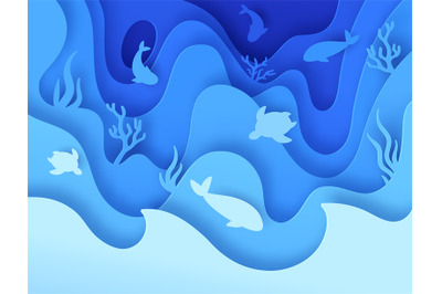 Sea life paper cut. Undersea world with reefs, corals, fish and animal