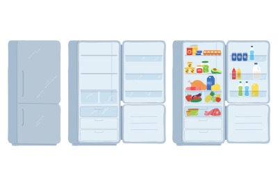 Open refrigerator. Closed, empty and full of food fridge. Cool shelves