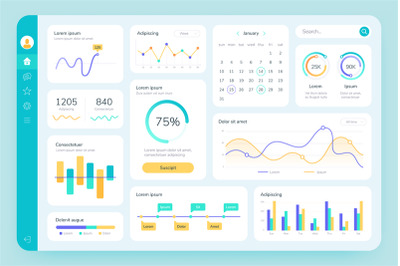 Dashboard UI. Simple data software, chart and HUD diagrams, admin pane