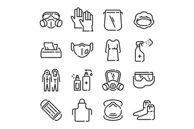 Ppe line icons. Medical covid-19 protection equipments. Outline doctor