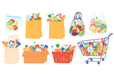 Grocery bags and carts. Shopping basket, paper and plastic packages, e