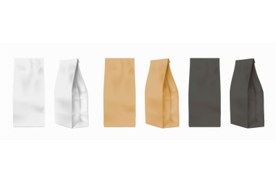 Paper bag mockup. Realistic white&2C; black and brown packages for flour&2C;