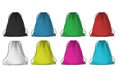 Color sport backpack mockup. Realistic cloth packs with ropes for clot