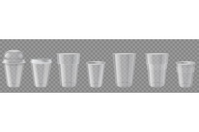 Plastic cup. Realistic transparent disposable cups with cap. Empty dri