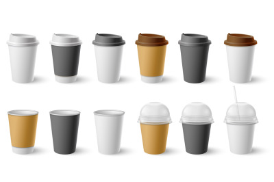 Paper cup. Cardboard cups with cap and mugs for hot coffee and tea. Re