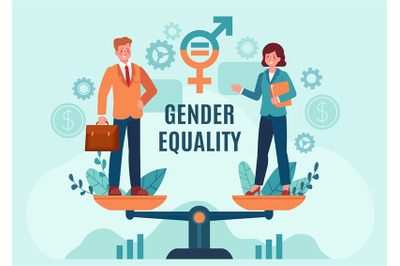 Gender business equality. Employee woman and man standing on balanced