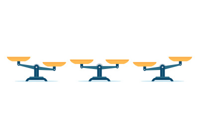 Scales in balance and imbalance. Flat libra icon with gold bowls in eq