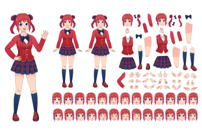 Anime girls character kit. Cartoon school girl uniform in japanese sty