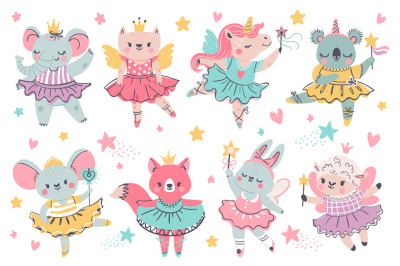 Animal fairy ballerina. Princess unicorn&2C; bunny and koala with ballet