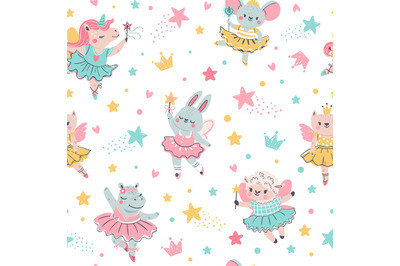 Ballerina animal seamless pattern. Hand drawn baby bunny&2C; unicorn&2C; mou