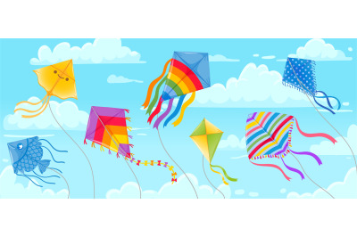 Kites in sky. Summer blue skies and clouds with kite on string flying