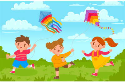 Kids with kites. Boy and girl outside playing with flying toy in park.