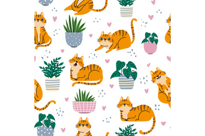 Cat seamless pattern. Red cats and plants in pots repeated wallpaper i