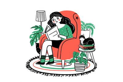 Woman reads in chair. Happy relaxed girl reading book in cozy armchair